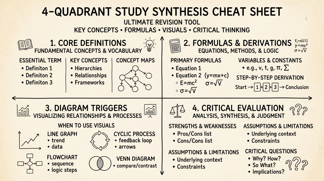 Educational diagram of a 4-Quadrant Study Synthesis Cheat Sheet on A4 paper.