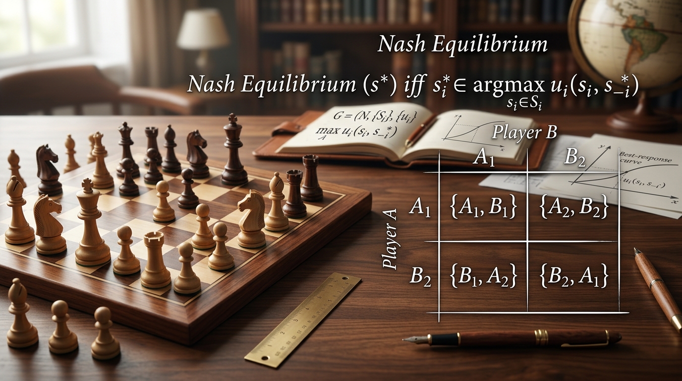 Illustration for Game Theory & Nash Equilibrium: Mathematical Derivations, Payoff Matrices & Exam Numericals